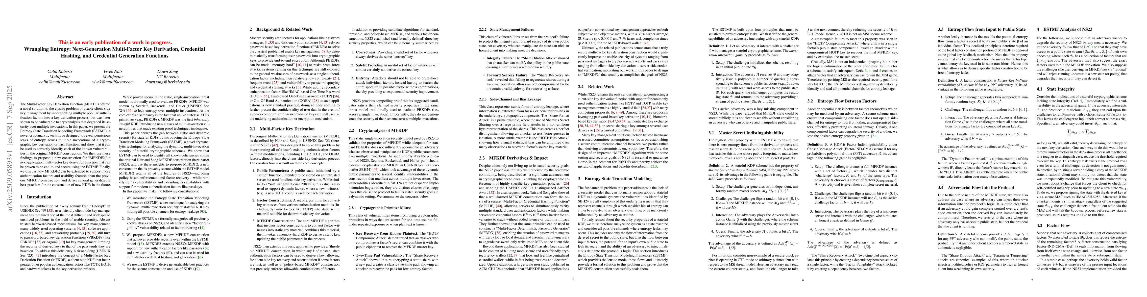Thumbnail for Wrangling Entropy: Next-Generation Multi-Factor Key Derivation,
  Credential Hashing, and Credential Generation Functions
