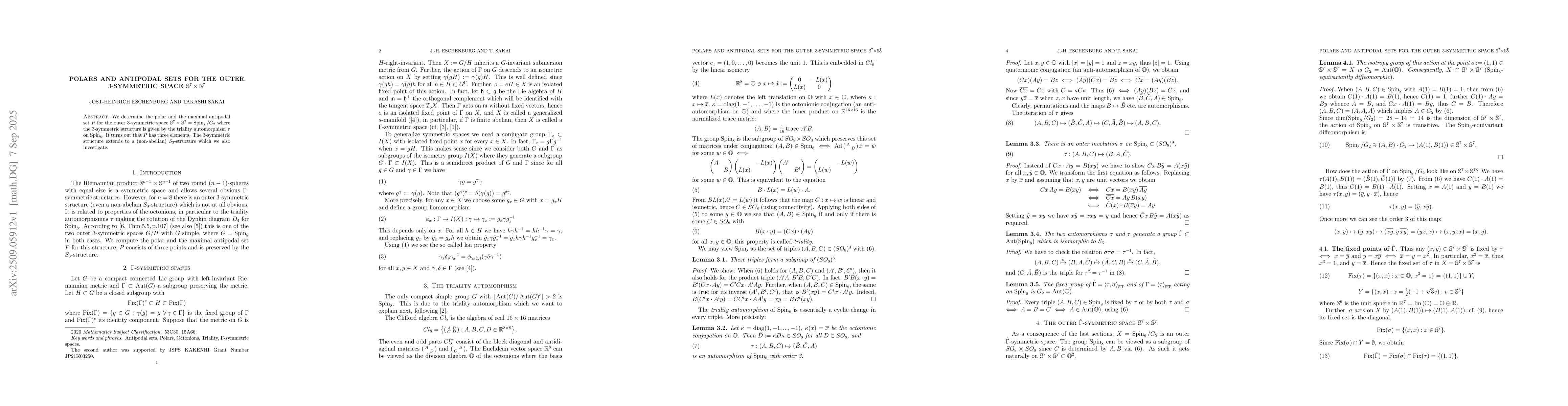 Thumbnail for Polars and antipodal sets for the outer $3$-symmetric space
  $\mathbb{S}^7 \times \mathbb{S}^7$