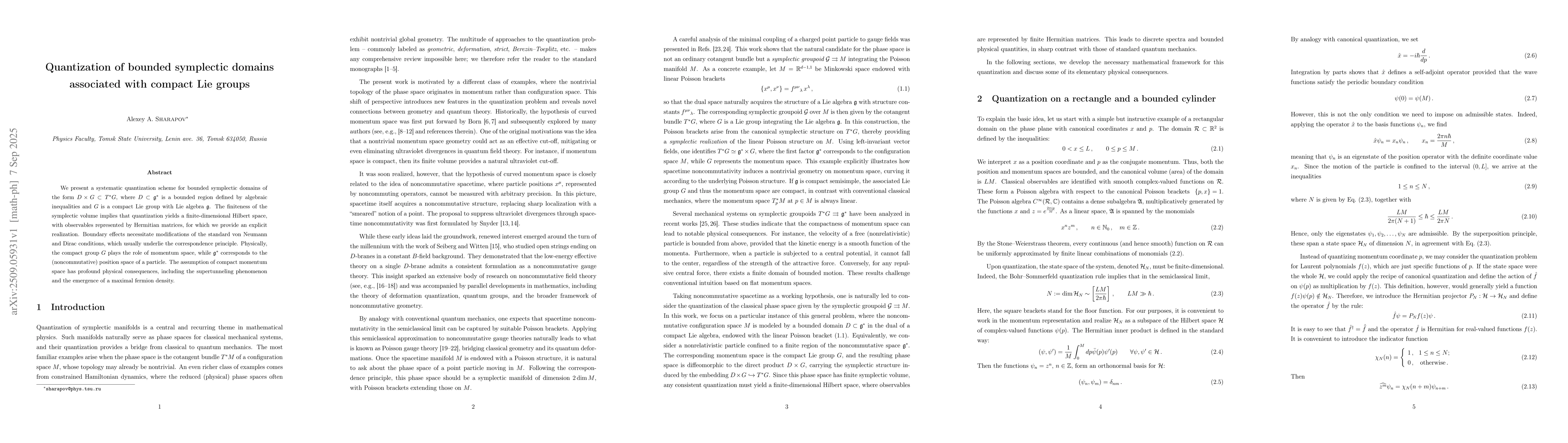 Thumbnail for Quantization of bounded symplectic domains associated with compact Lie
  groups