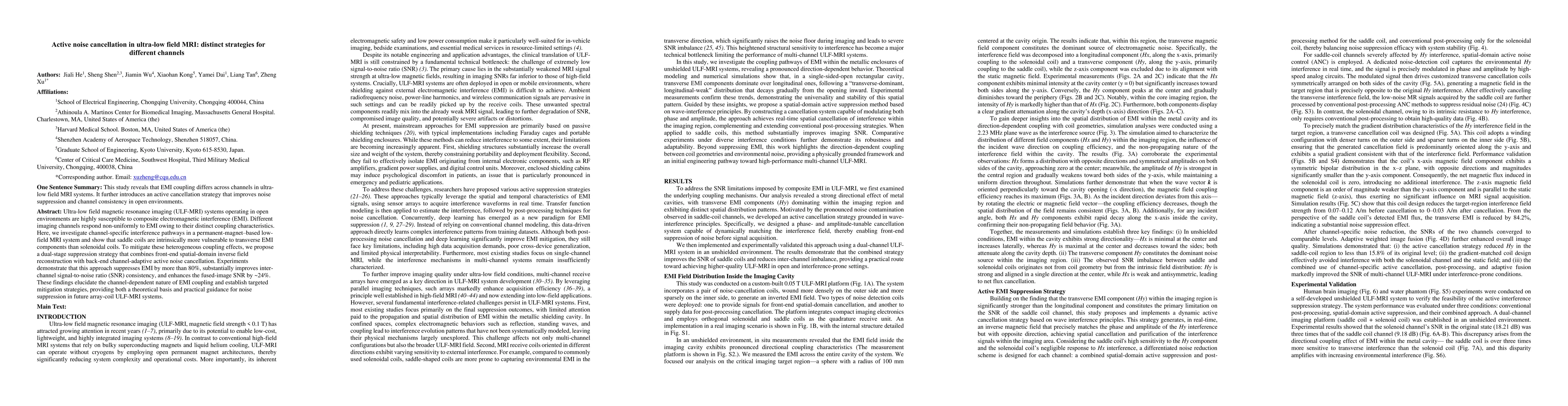 Thumbnail for Active noise cancellation in ultra-low field MRI: distinct strategies
  for different channels