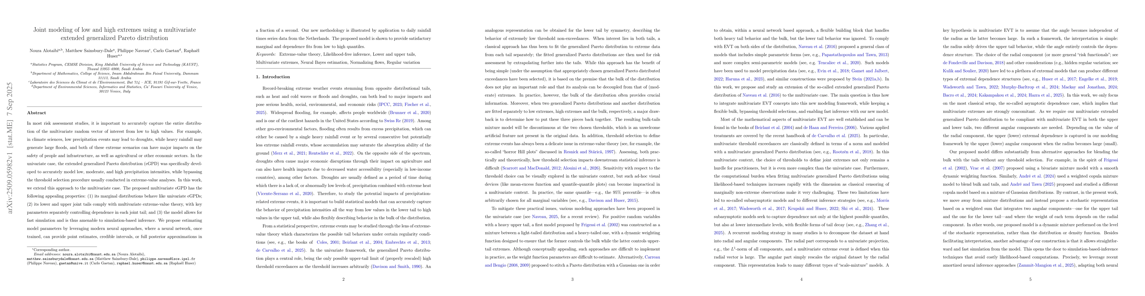 Thumbnail for Joint modeling of low and high extremes using a multivariate extended
  generalized Pareto distribution