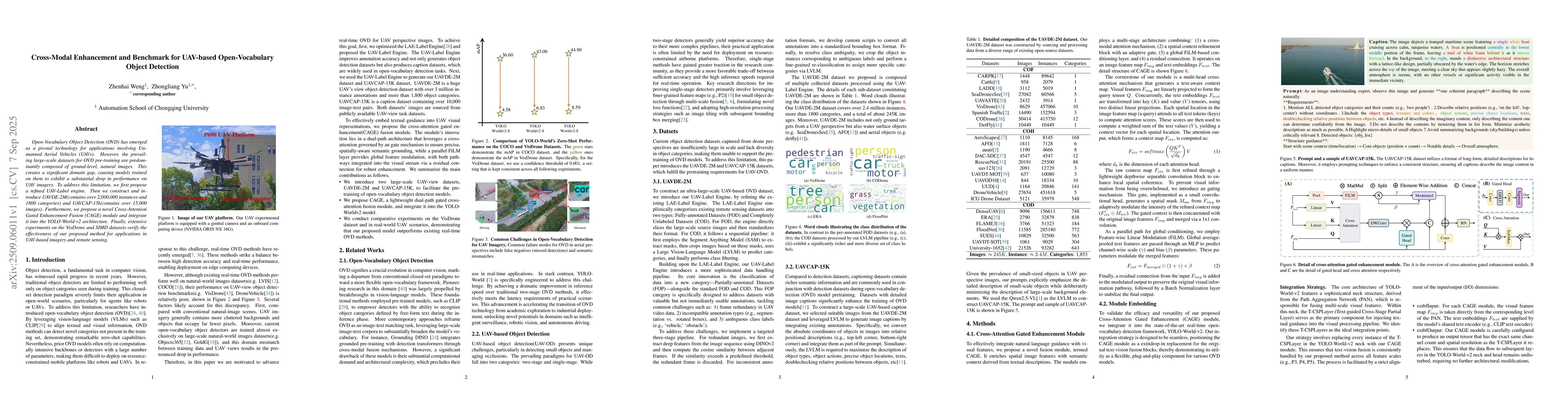 Thumbnail for Cross-Modal Enhancement and Benchmark for UAV-based Open-Vocabulary
  Object Detection