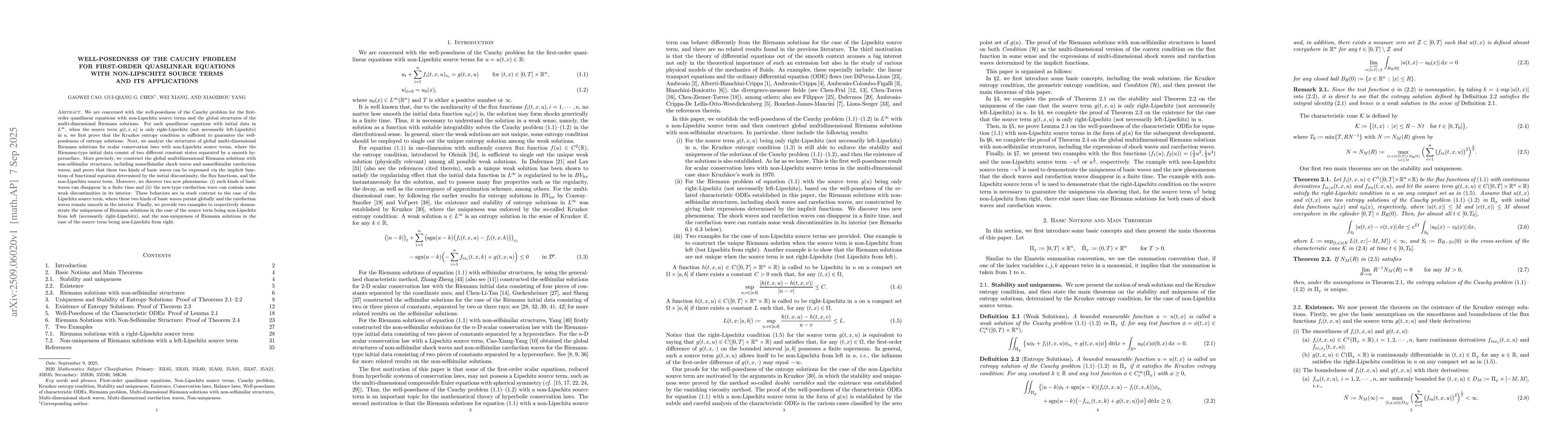 Thumbnail for Well-Posedness of the Cauchy Problem for First-order Quasilinear
  Equations with Non-Lipschitz Source Terms and Its Applications