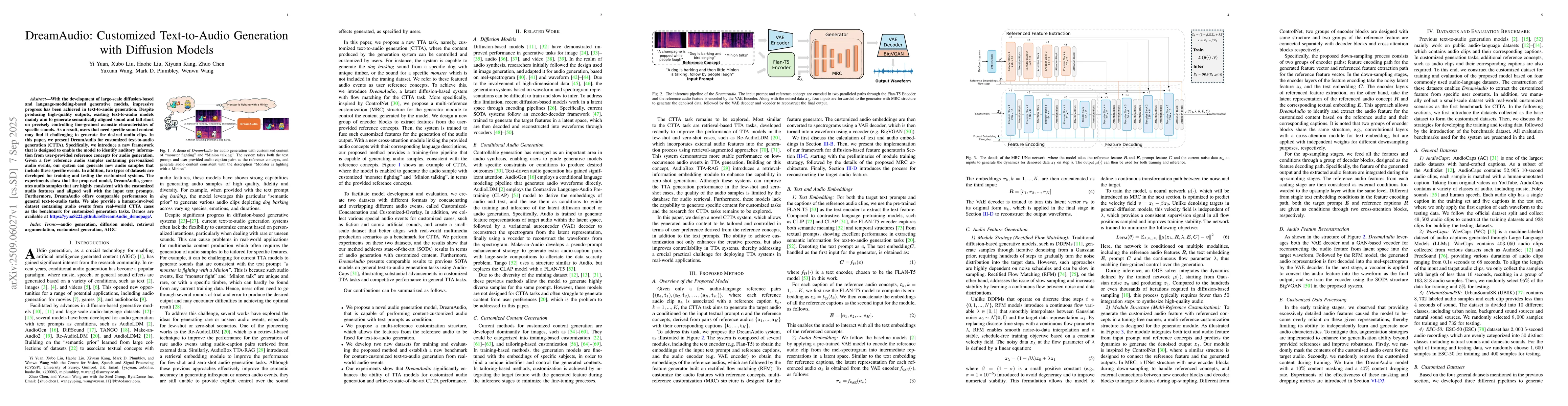 Thumbnail for DreamAudio: Customized Text-to-Audio Generation with Diffusion Models
