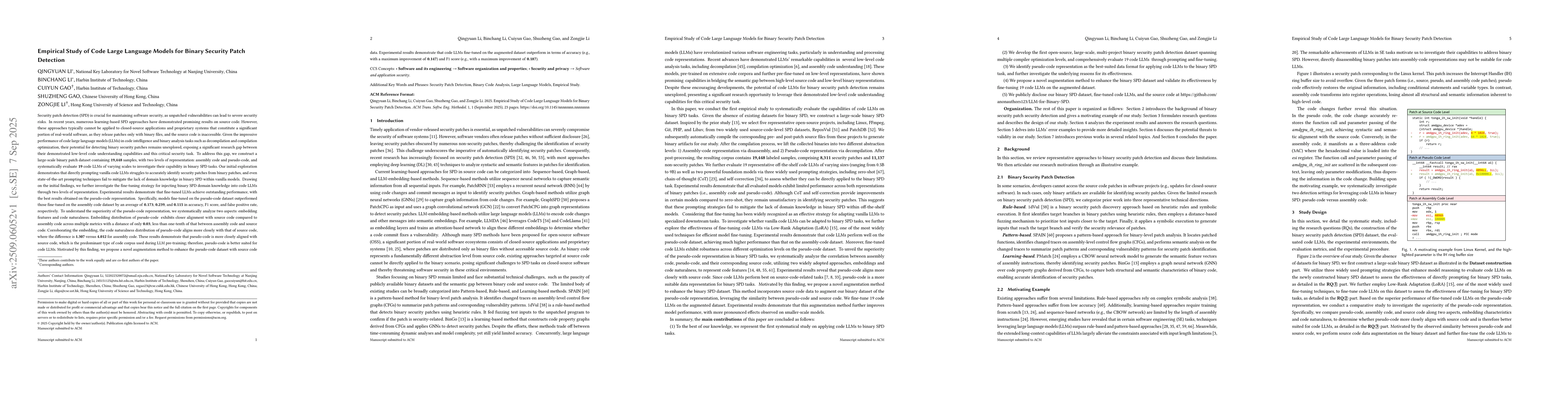 Thumbnail for Empirical Study of Code Large Language Models for Binary Security Patch
  Detection