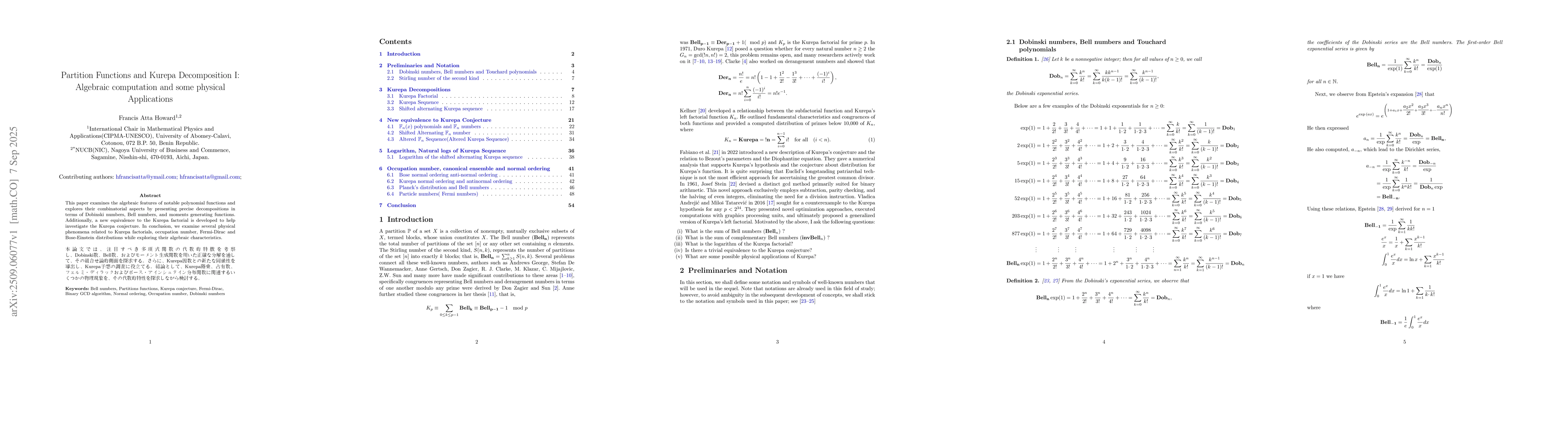 Thumbnail for Partition Functions and Kurepa Decomposition I: Algebraic computation
  and some physical Applications