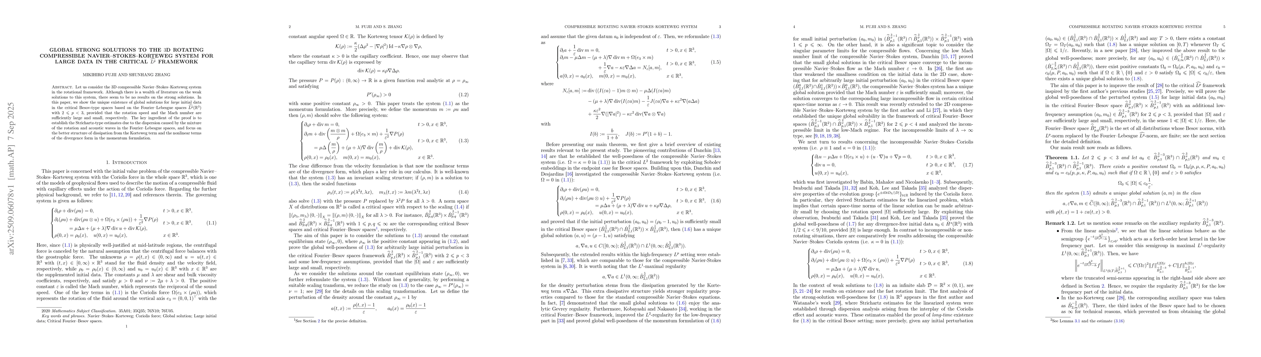 Thumbnail for Global strong solutions to the $3$D rotating compressible
  Navier--Stokes--Korteweg system for large data in the critical
  $\widehat{L^p}$ framework