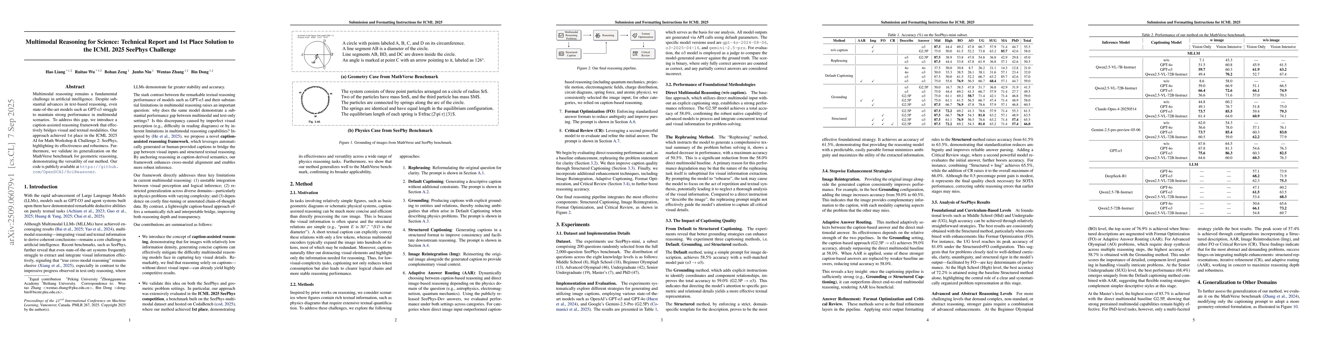 Thumbnail for Multimodal Reasoning for Science: Technical Report and 1st Place
  Solution to the ICML 2025 SeePhys Challenge