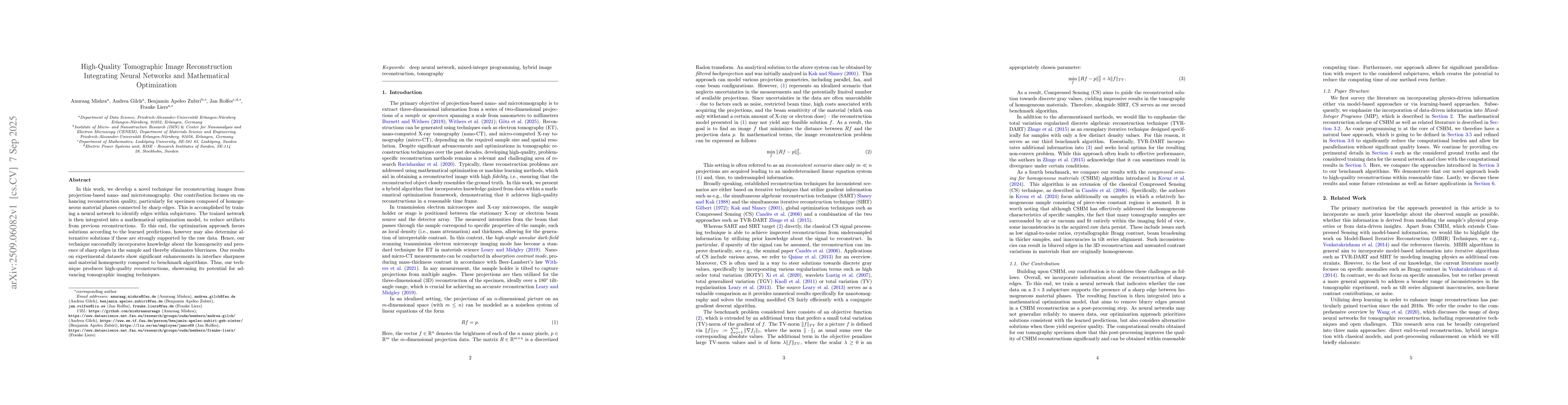Thumbnail for High-Quality Tomographic Image Reconstruction Integrating Neural
  Networks and Mathematical Optimization