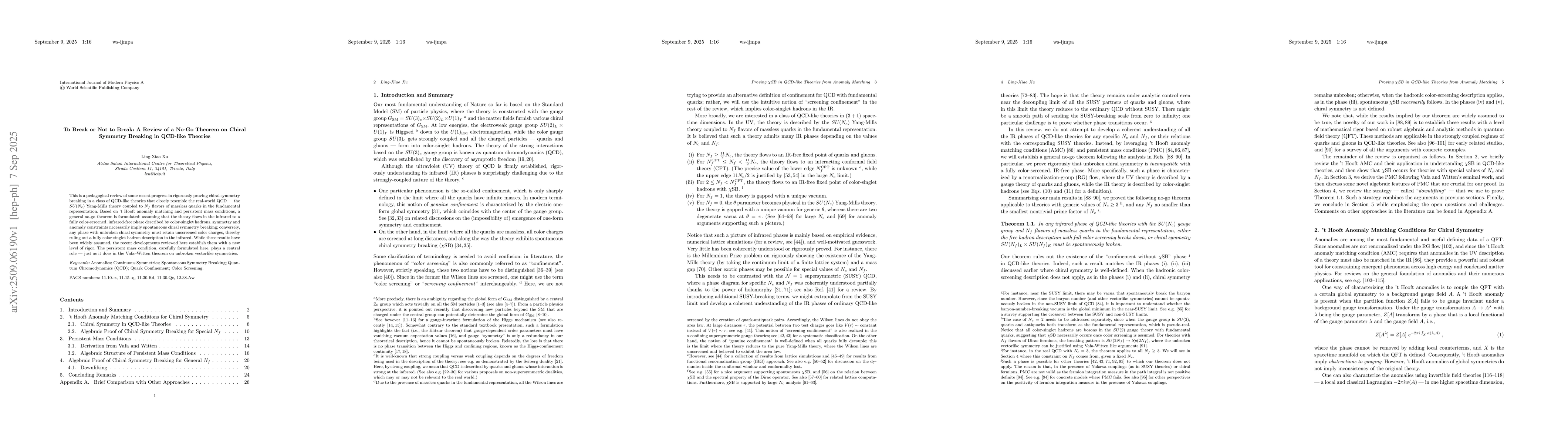 Thumbnail for To Break or Not to Break: A Review of a No-Go Theorem on Chiral Symmetry
  Breaking in QCD-like Theories