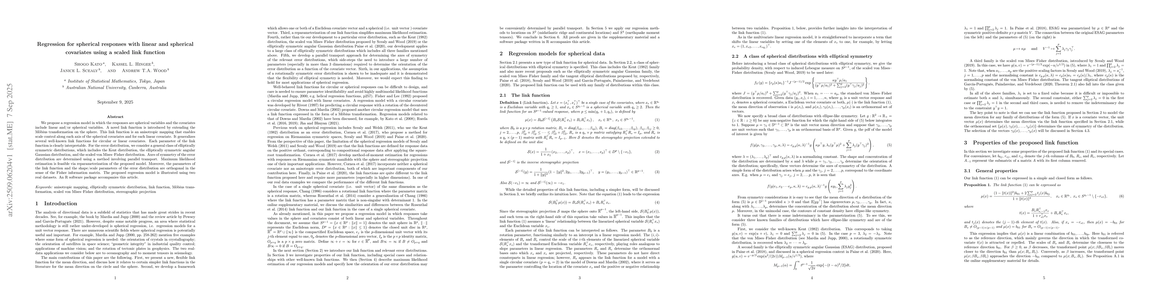 Thumbnail for Regression for spherical responses with linear and spherical covariates
  using a scaled link function