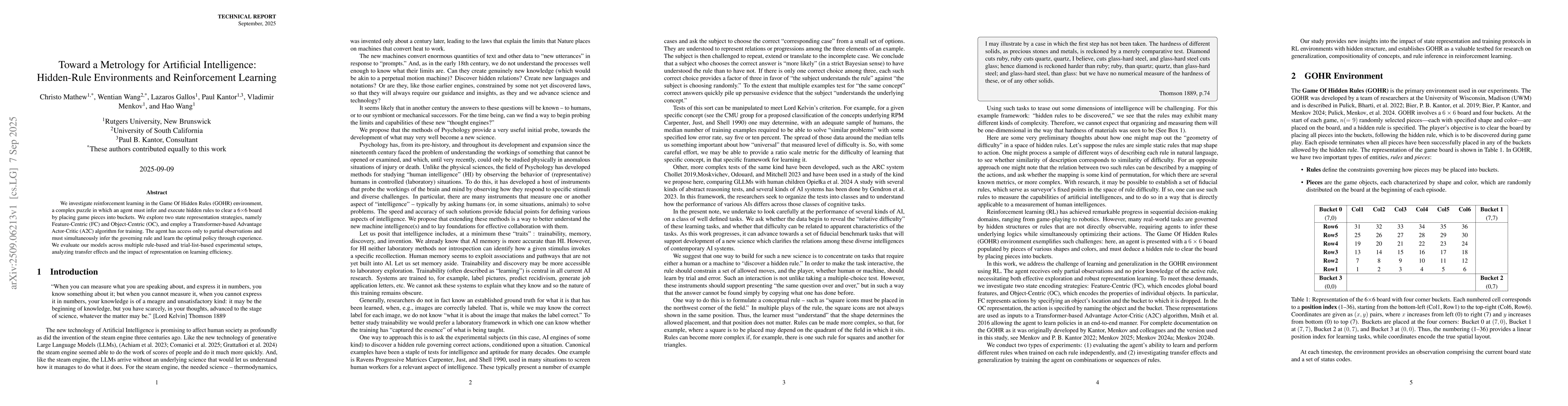 Thumbnail for Toward a Metrology for Artificial Intelligence: Hidden-Rule Environments
  and Reinforcement Learning
