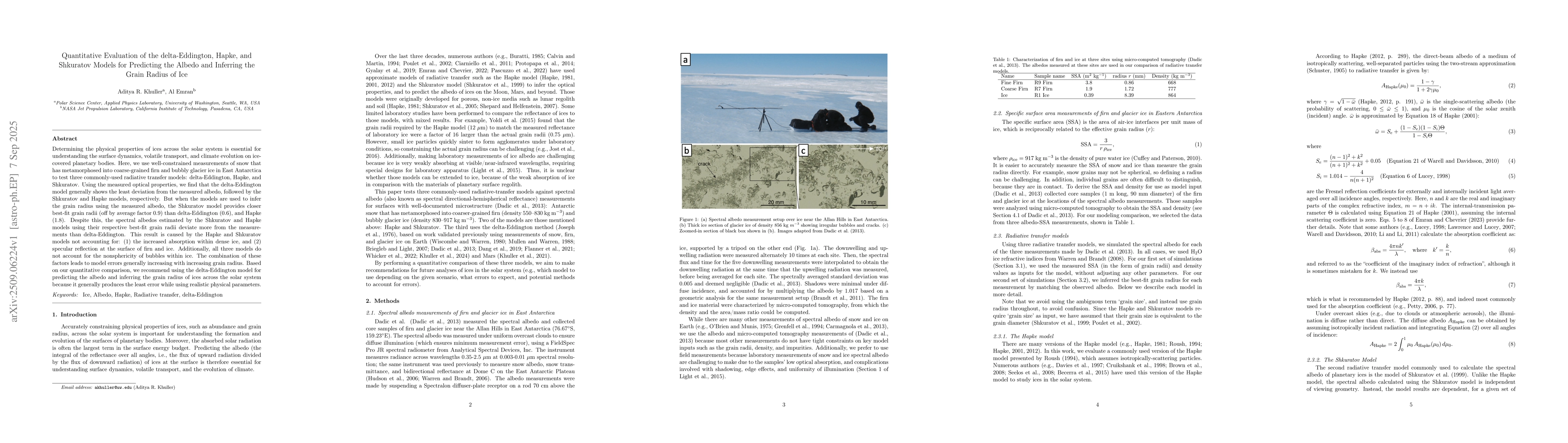 Thumbnail for Quantitative Evaluation of the delta-Eddington, Hapke, and Shkuratov
  Models for Predicting the Albedo and Inferring the Grain Radius of Ice