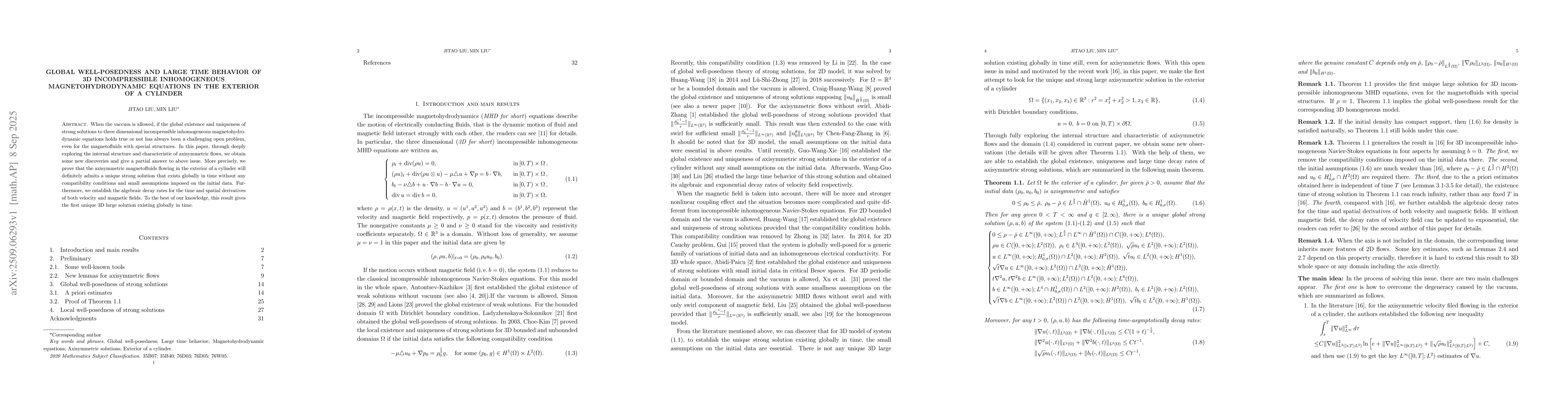 Thumbnail for Global well-posedness and large time behavior of 3D incompressible
  inhomogeneous magnetohydrodynamic equations in the exterior of a cylinder