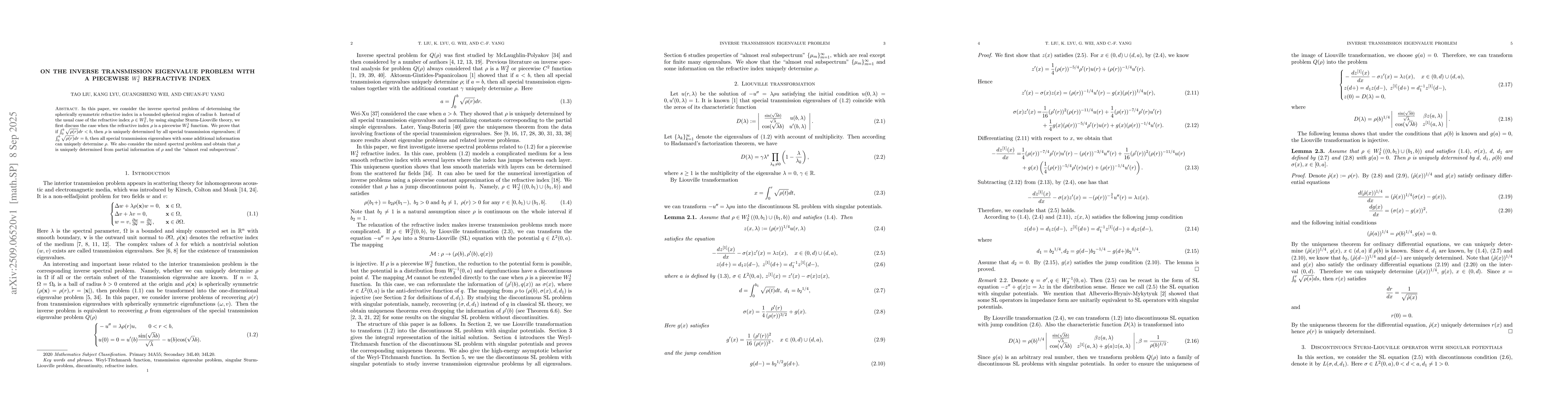 Thumbnail for On the inverse transmission eigenvalue problem with a piecewise $W_2^1$
  refractive index