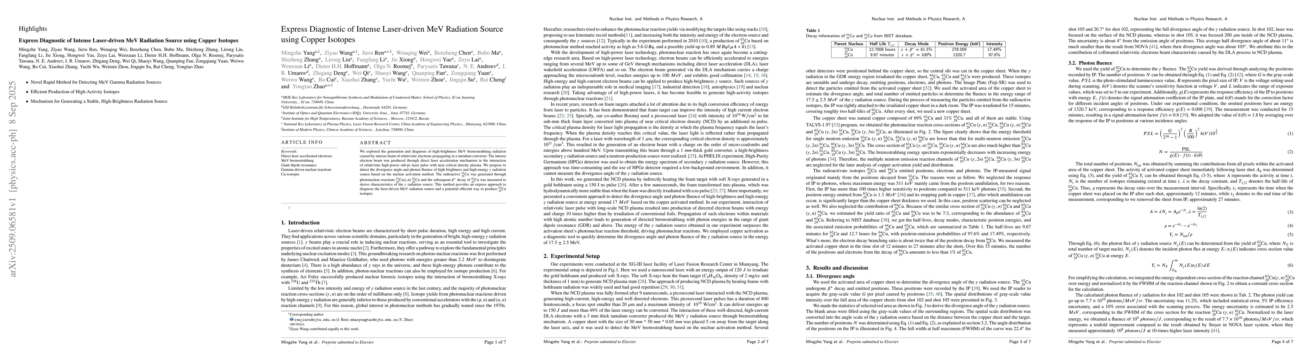 Thumbnail for Express Diagnostic of Intense Laser-driven MeV Radiation Source using
  Copper Isotopes