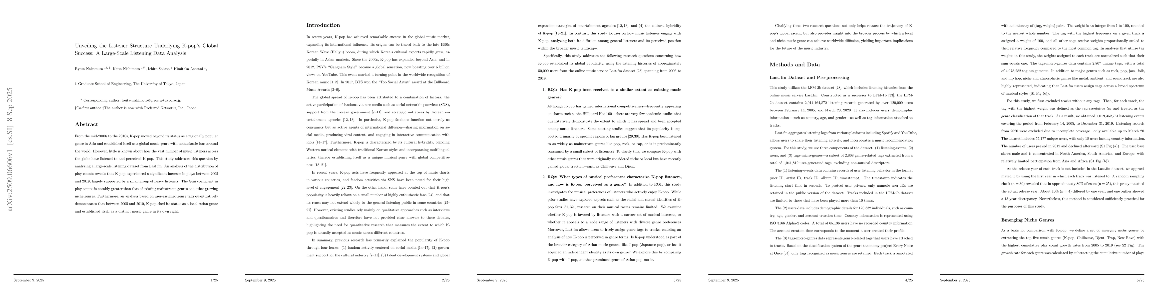 Thumbnail for Unveiling the Listener Structure Underlying K-pop's Global Success: A
  Large-Scale Listening Data Analysis