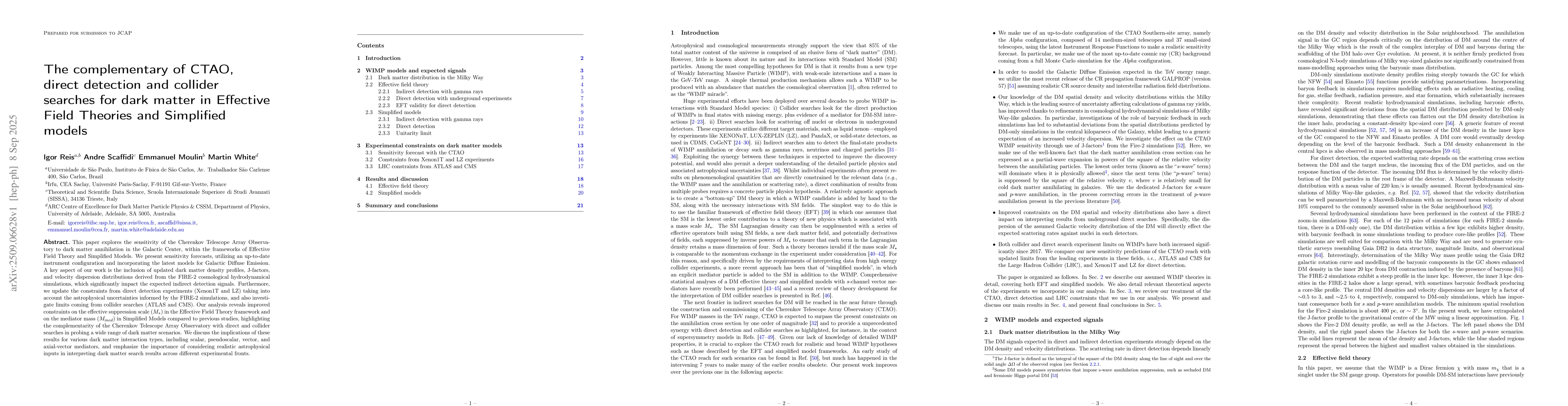 Thumbnail for The complementary of CTAO, direct detection and collider searches for
  dark matter in Effective Field Theories and Simplified models