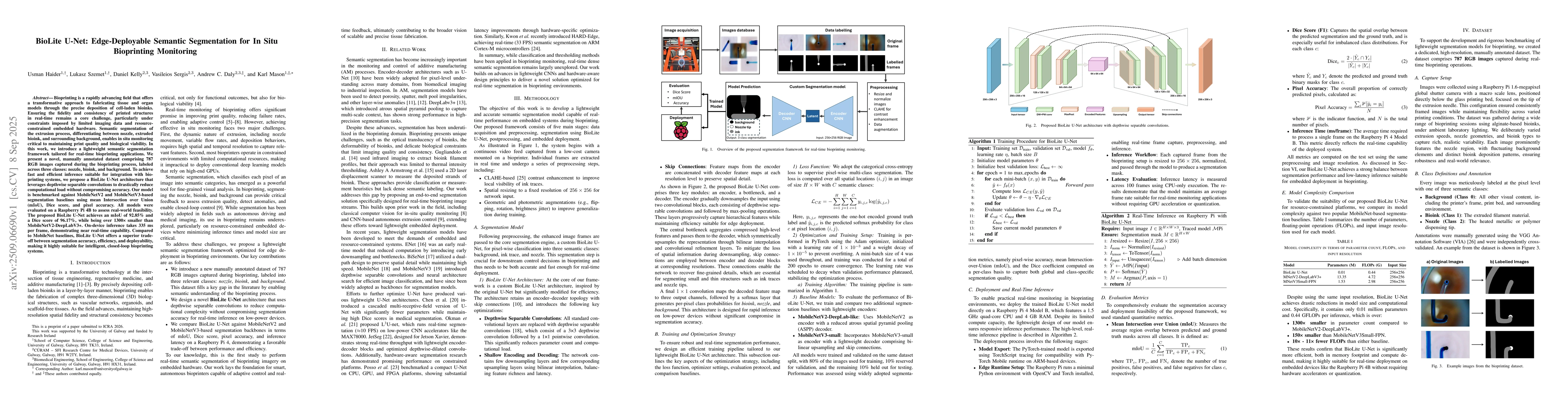 Thumbnail for BioLite U-Net: Edge-Deployable Semantic Segmentation for In Situ
  Bioprinting Monitoring