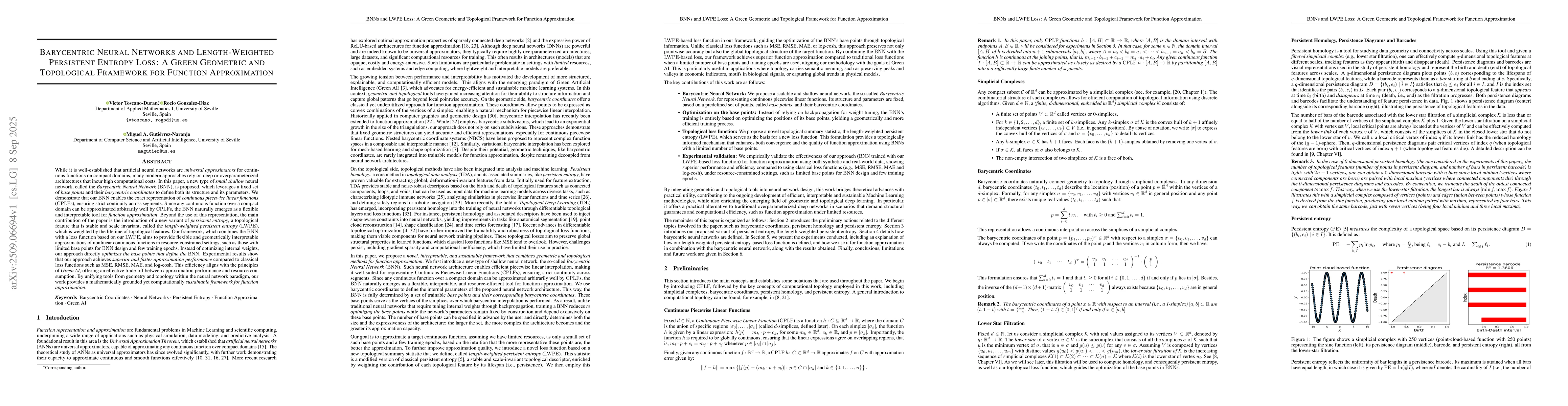 Thumbnail for Barycentric Neural Networks and Length-Weighted Persistent Entropy Loss:
  A Green Geometric and Topological Framework for Function Approximation