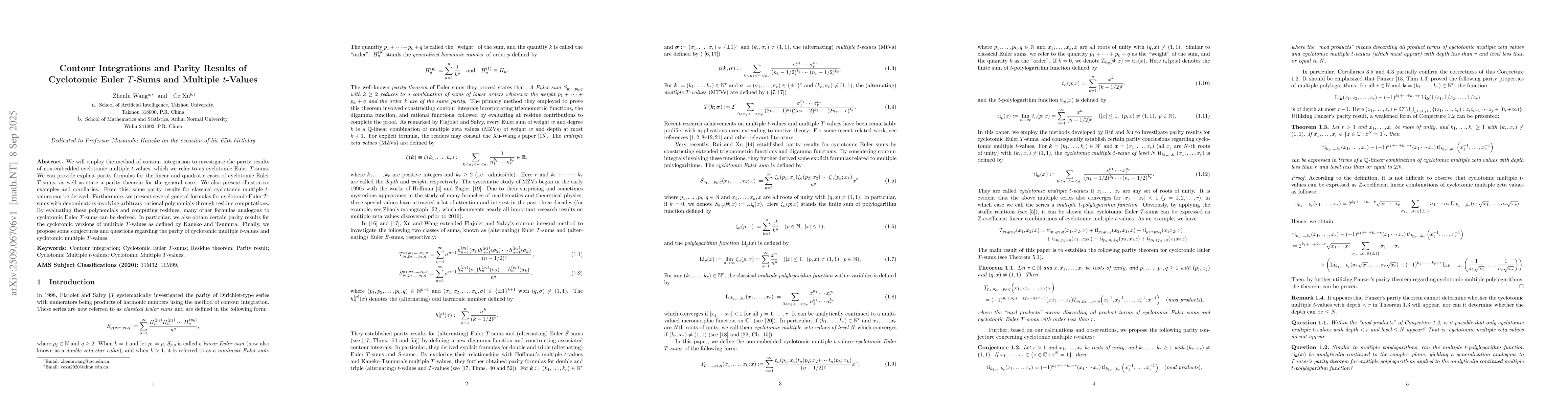 Thumbnail for Contour Integrations and Parity Results of Cyclotomic Euler $T$-Sums and
  Multiple $t$-Values