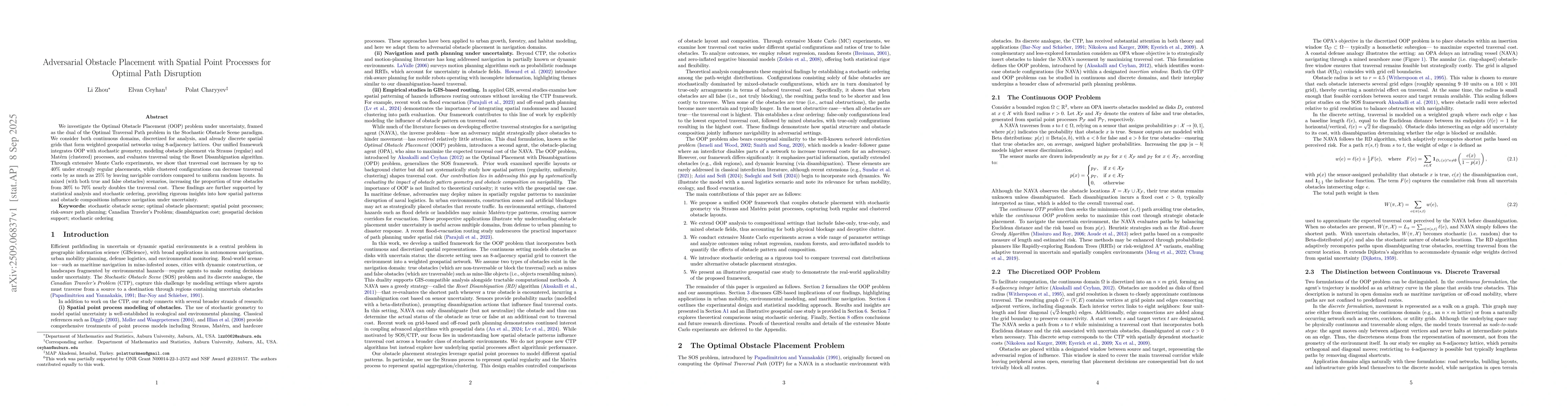 Thumbnail for Adversarial Obstacle Placement with Spatial Point Processes for Optimal
  Path Disruption