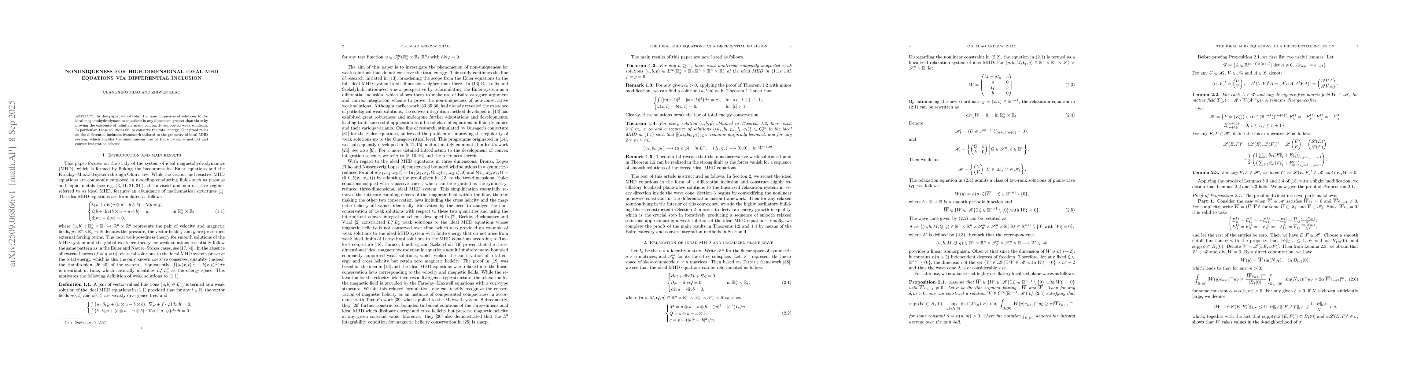 Thumbnail for Nonuniqueness for high-dimensional ideal MHD equations via differential
  inclusion