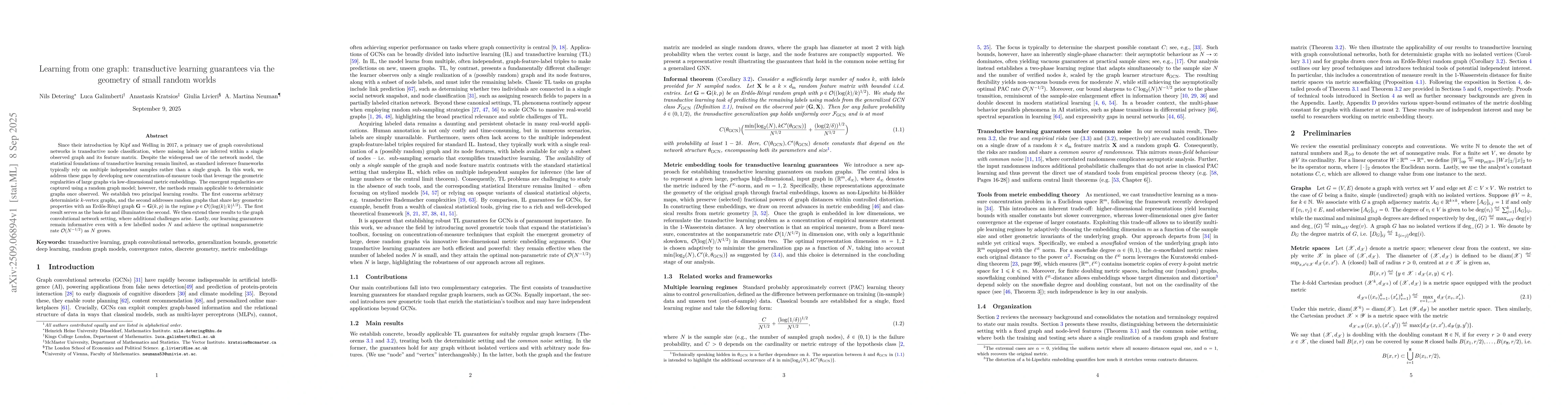Thumbnail for Learning from one graph: transductive learning guarantees via the
  geometry of small random worlds