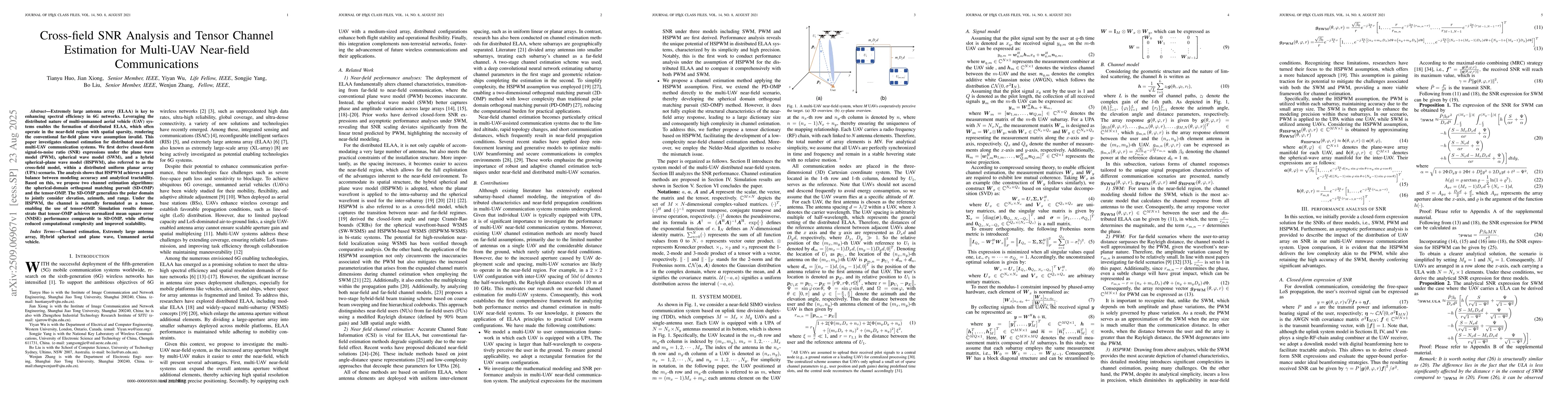 Thumbnail for Cross-field SNR Analysis and Tensor Channel Estimation for Multi-UAV
  Near-field Communications