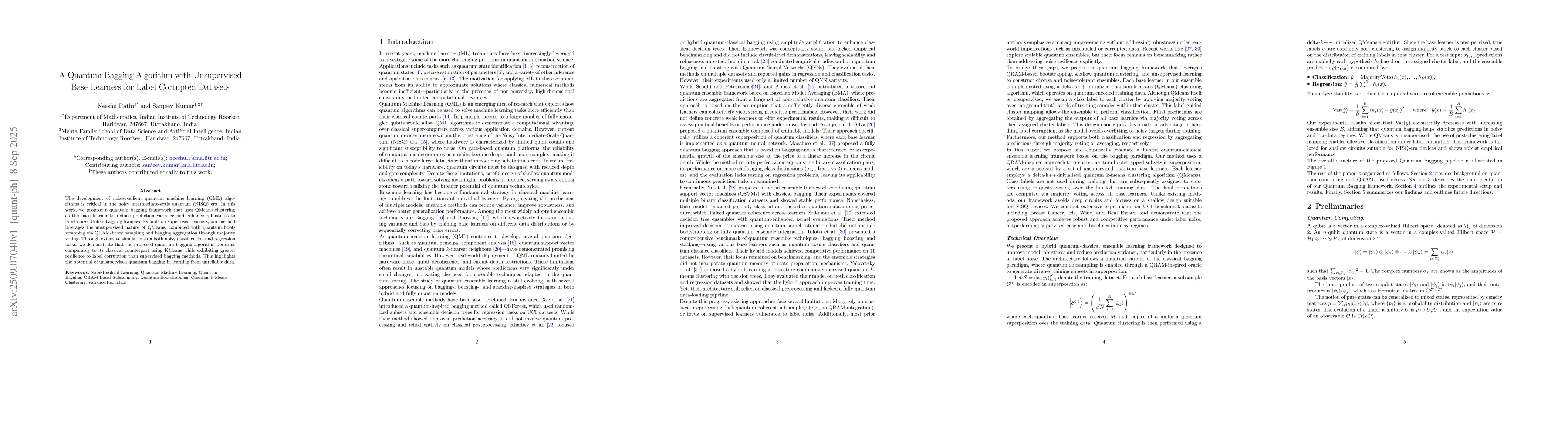Thumbnail for A Quantum Bagging Algorithm with Unsupervised Base Learners for Label
  Corrupted Datasets