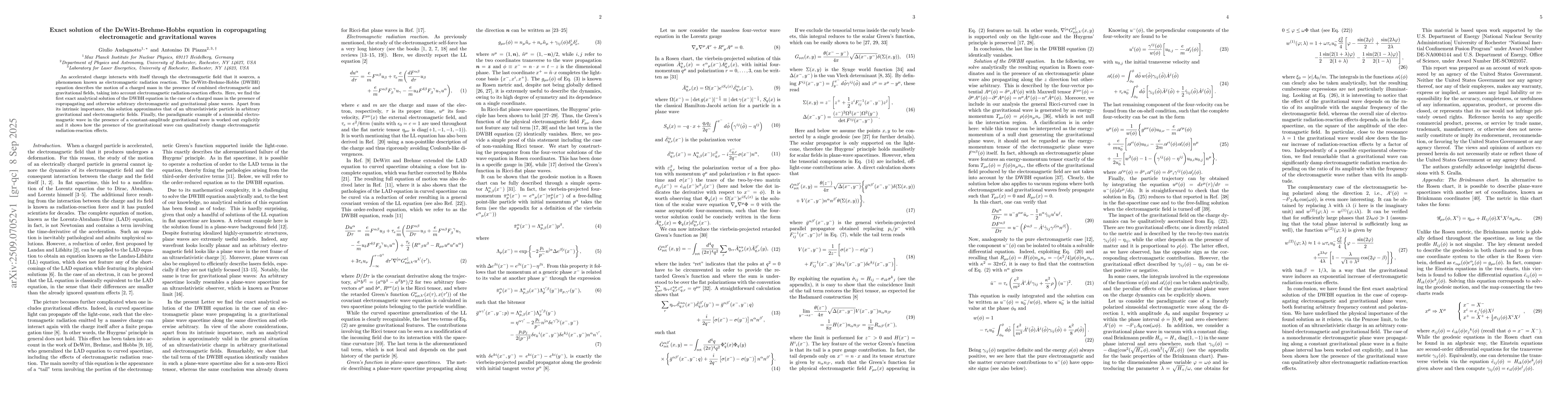 Thumbnail for Exact solution of the DeWitt-Brehme-Hobbs equation in copropagating
  electromagetic and gravitational waves