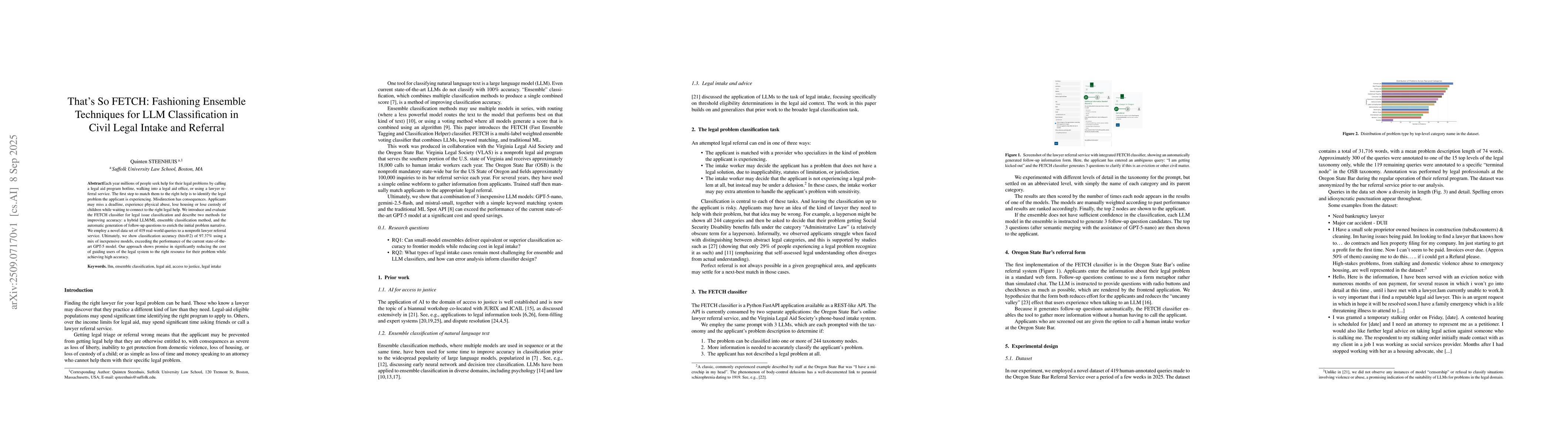 Thumbnail for That's So FETCH: Fashioning Ensemble Techniques for LLM Classification
  in Civil Legal Intake and Referral