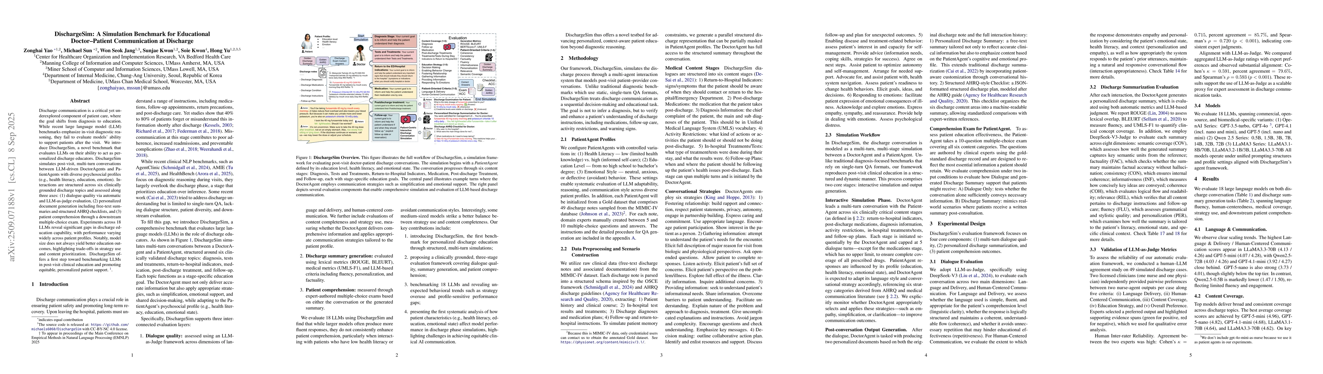 Thumbnail for DischargeSim: A Simulation Benchmark for Educational Doctor-Patient
  Communication at Discharge