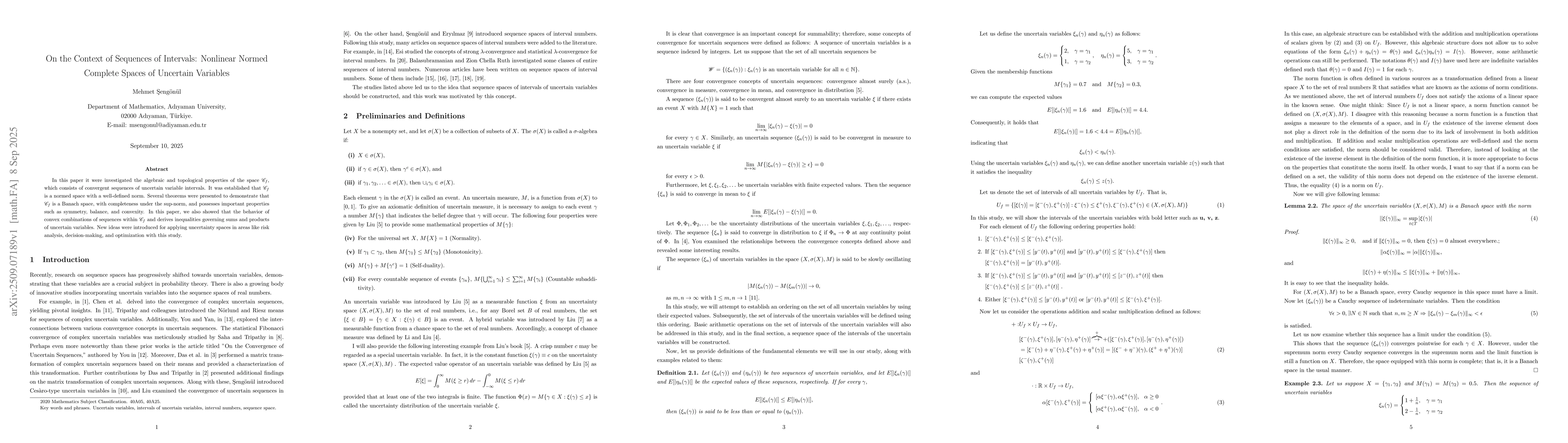 Thumbnail for On the Context of Sequences of Intervals: Nonlinear Normed Complete
  Spaces of Uncertain Variables