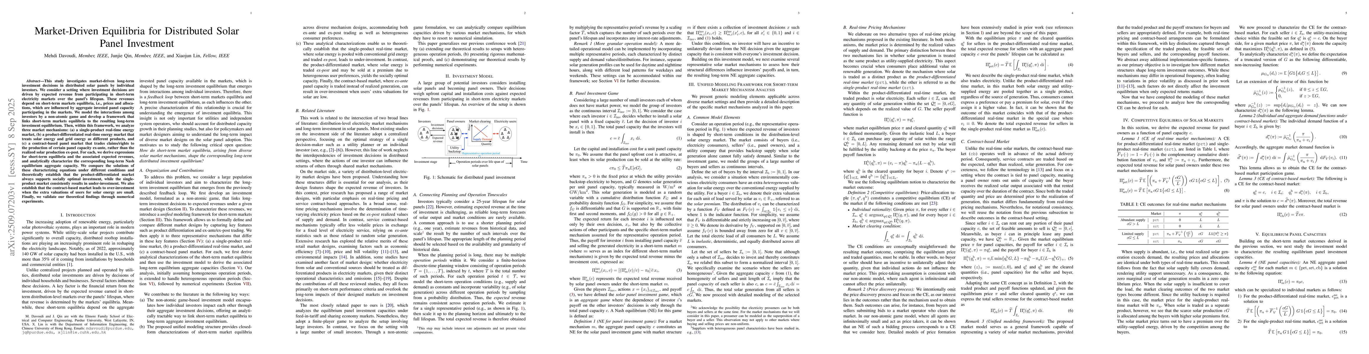 Thumbnail for Extended Version: Market-Driven Equilibria for Distributed Solar Panel
  Investment
