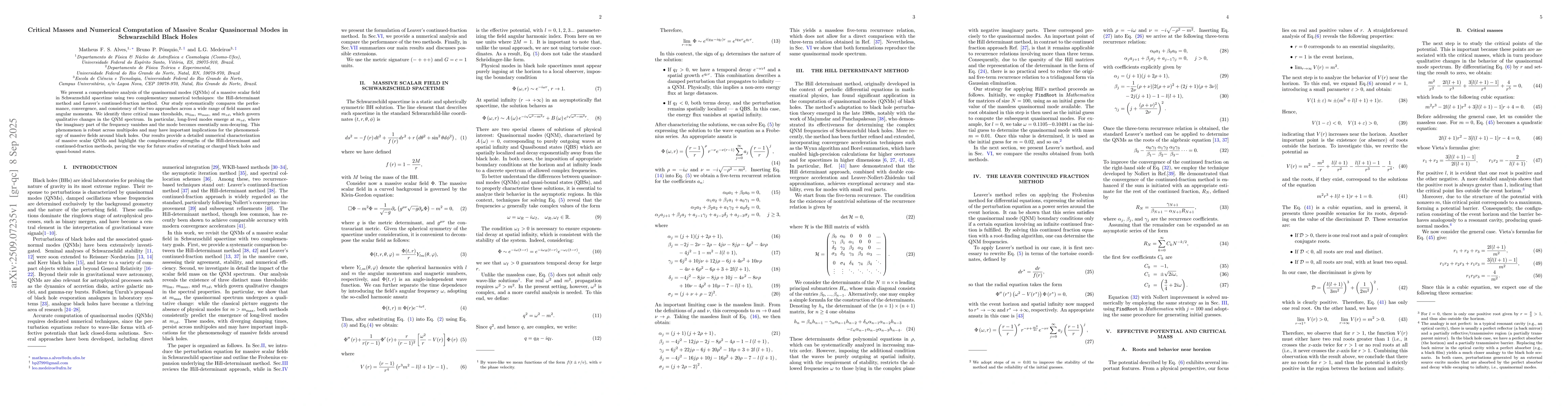 Thumbnail for Critical Masses and Numerical Computation of Massive Scalar Quasinormal
  Modes in Schwarzschild Black Holes