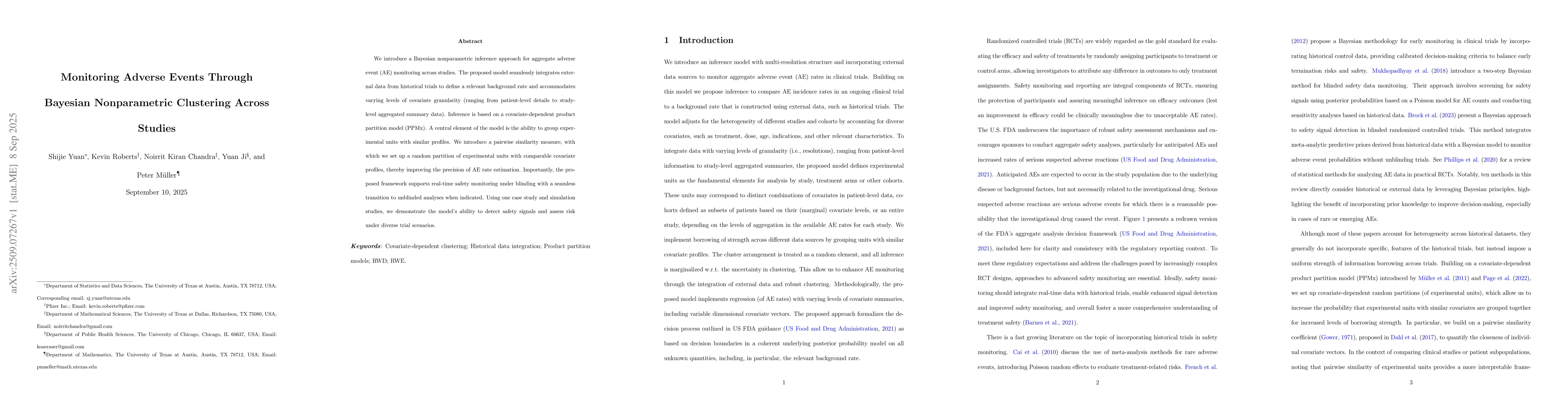 Thumbnail for Monitoring Adverse Events Through Bayesian Nonparametric Clustering
  Across Studies