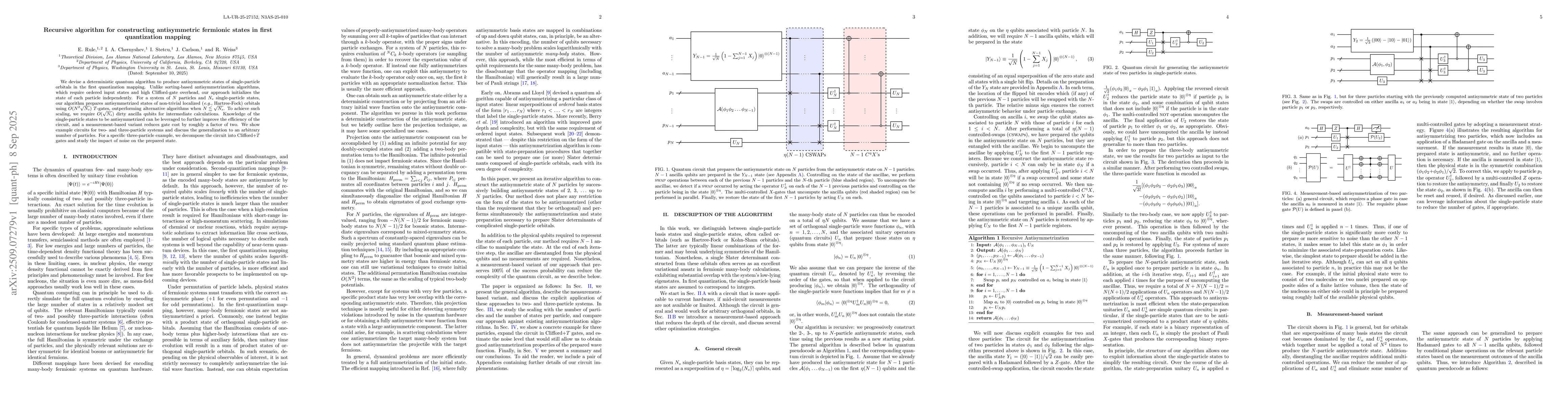 Thumbnail for Recursive algorithm for constructing antisymmetric fermionic states in
  first quantization mapping