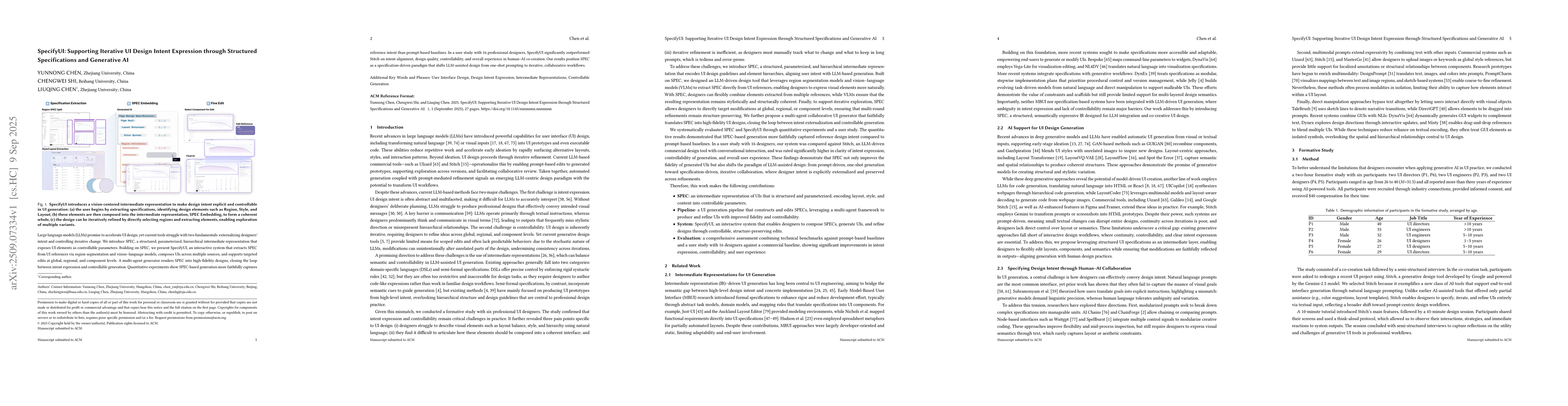 Thumbnail for SpecifyUI: Supporting Iterative UI Design Intent Expression through
  Structured Specifications and Generative AI