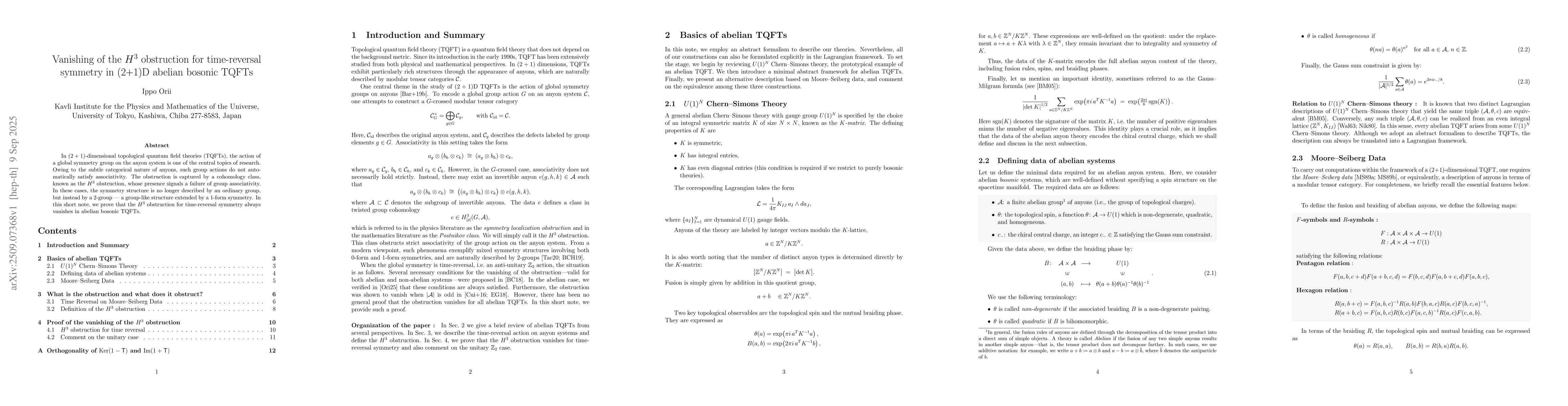 Thumbnail for Vanishing of the $H^3$ obstruction for time-reversal symmetry in (2+1)D
  abelian bosonic TQFTs
