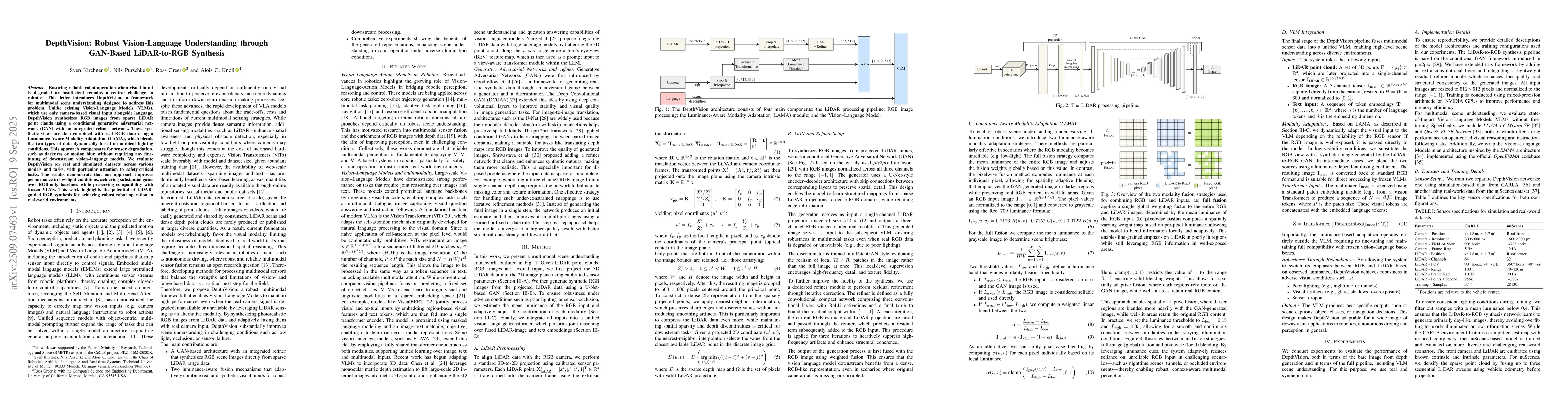 Thumbnail for DepthVision: Robust Vision-Language Understanding through GAN-Based
  LiDAR-to-RGB Synthesis