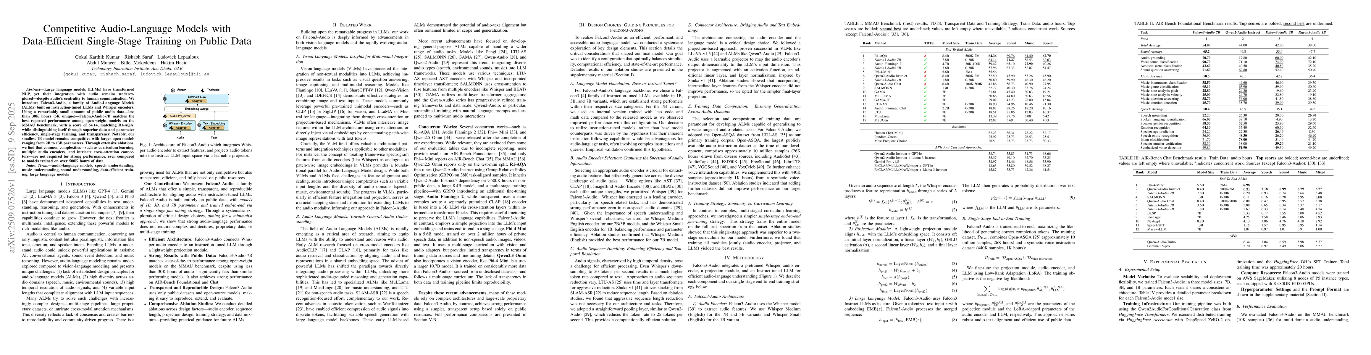 Thumbnail for Competitive Audio-Language Models with Data-Efficient Single-Stage
  Training on Public Data