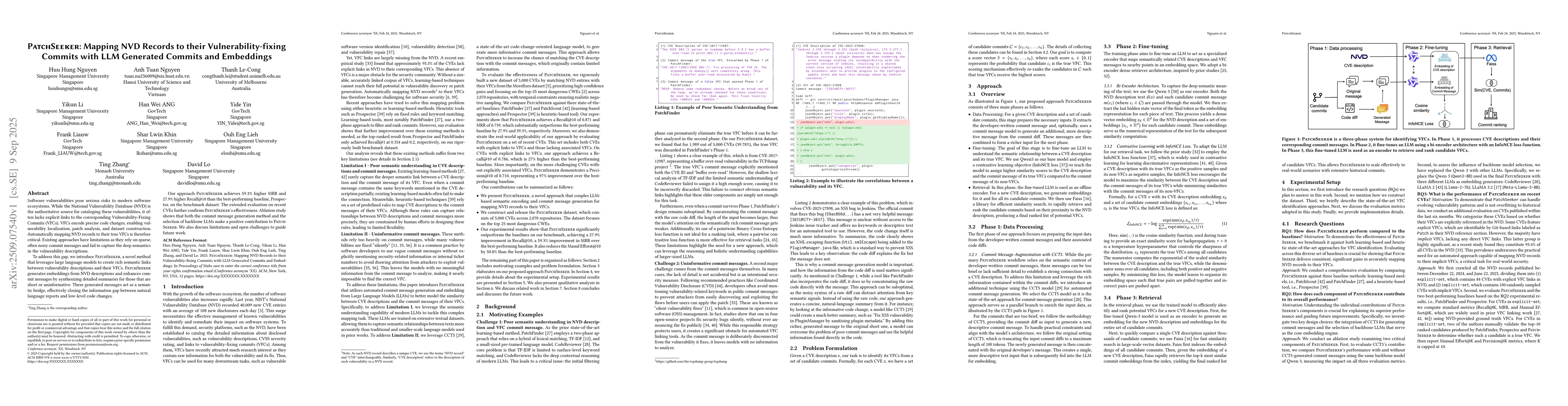 Thumbnail for PatchSeeker: Mapping NVD Records to their Vulnerability-fixing Commits
  with LLM Generated Commits and Embeddings