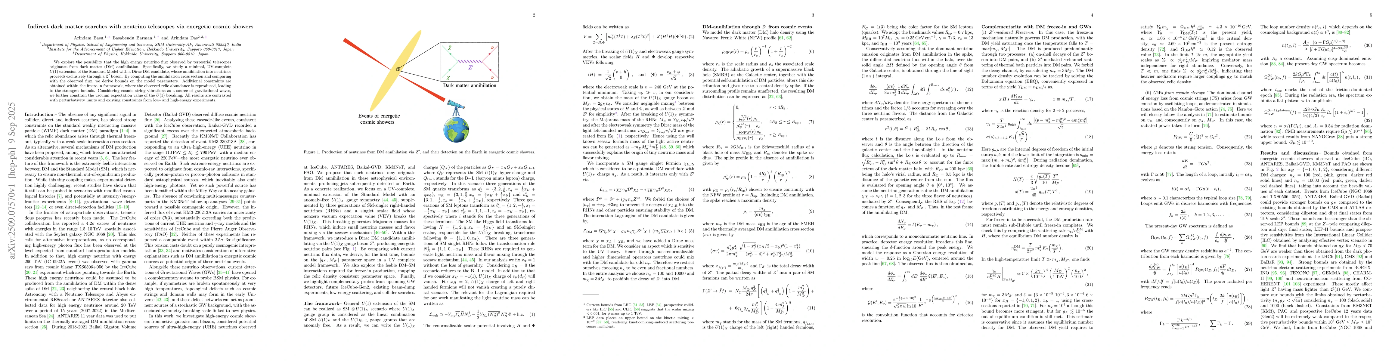 Thumbnail for Indirect dark matter searches with neutrino telescopes via energetic
  cosmic showers