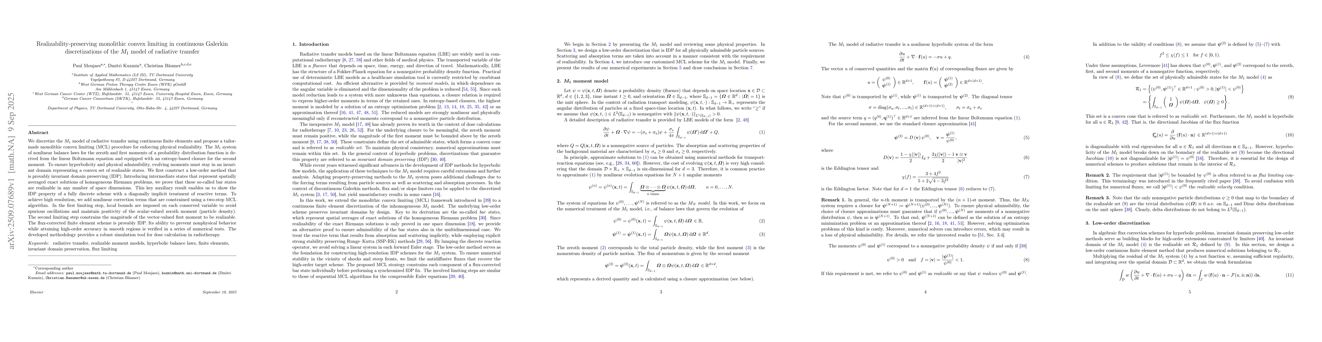 Thumbnail for Realizability-preserving monolithic convex limiting in continuous
  Galerkin discretizations of the M1 model of radiative transfer