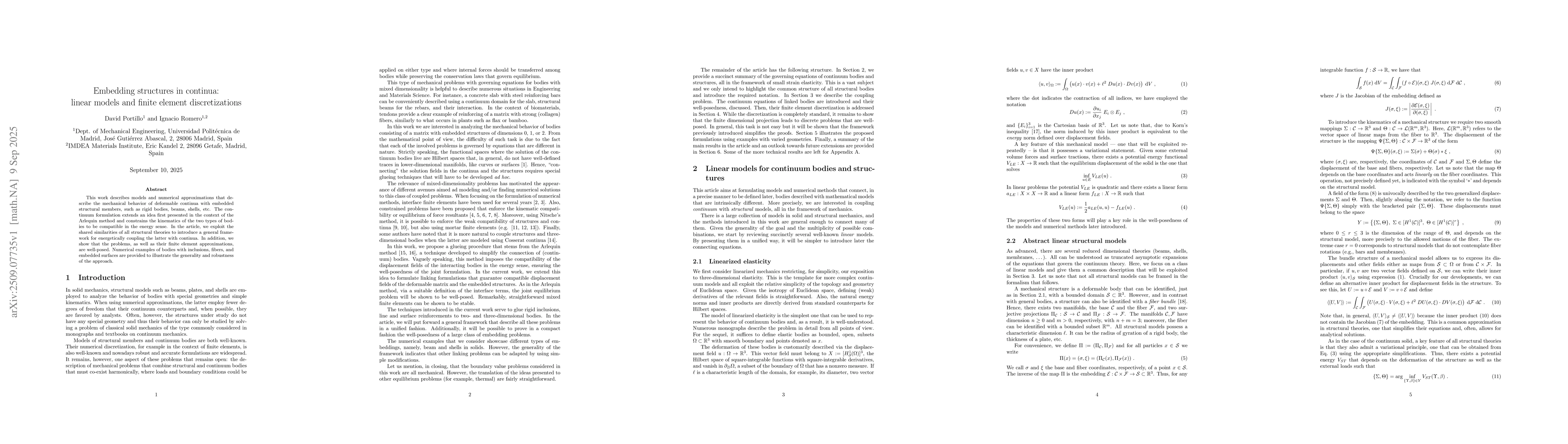 Thumbnail for Embedding structures in continua: linear models and finite element
  discretizations