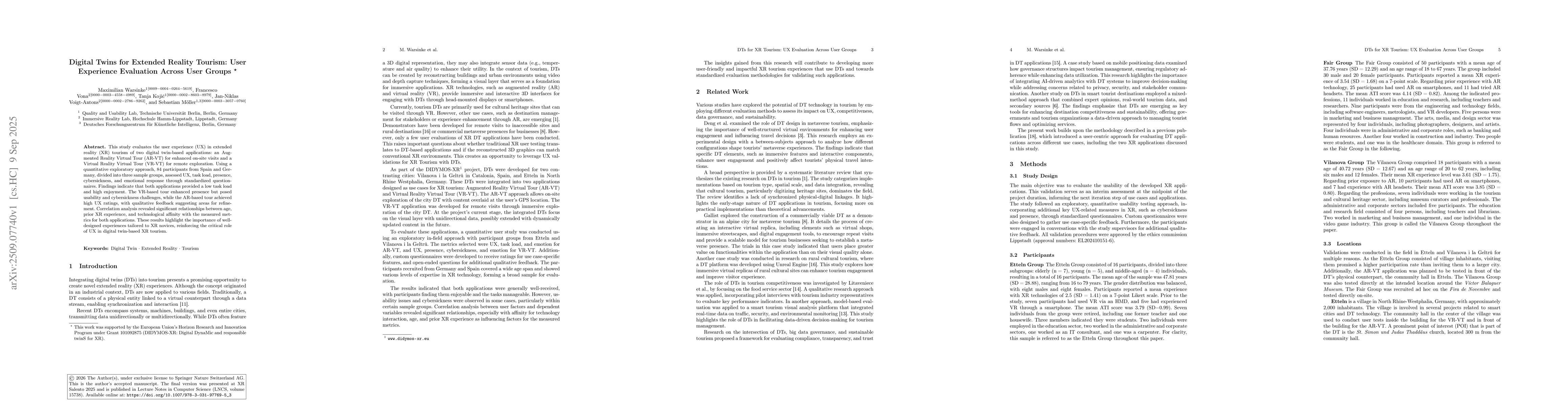 Thumbnail for Digital Twins for Extended Reality Tourism: User Experience Evaluation
  Across User Groups