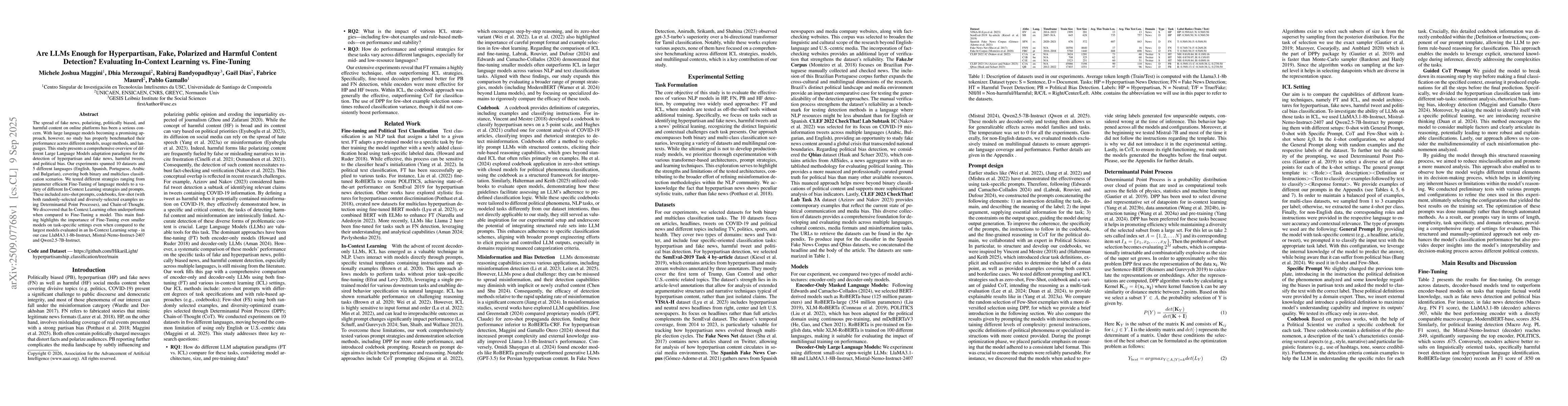 Thumbnail for Are LLMs Enough for Hyperpartisan, Fake, Polarized and Harmful Content
  Detection? Evaluating In-Context Learning vs. Fine-Tuning