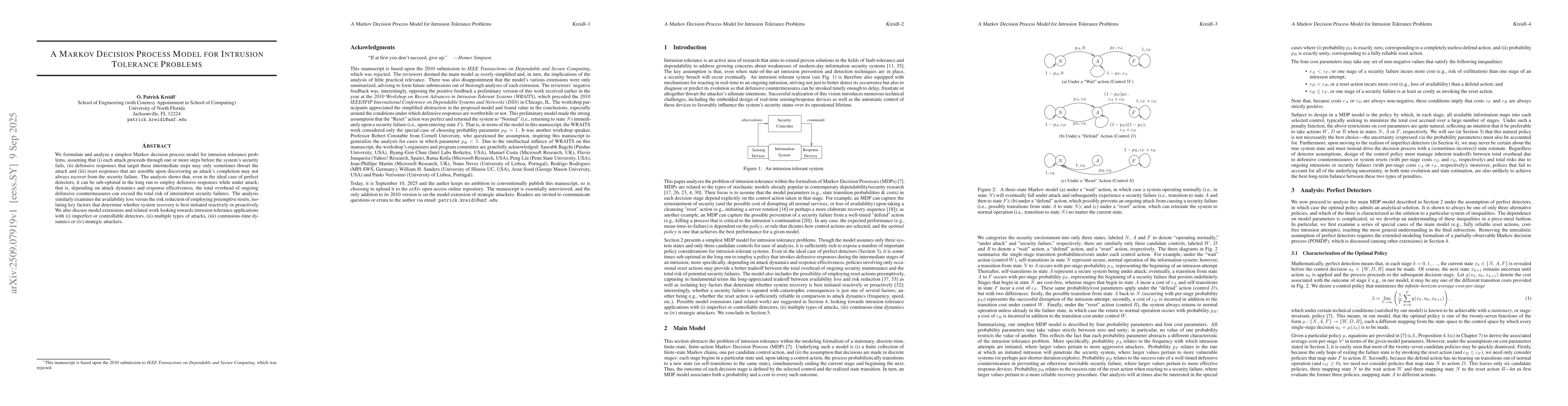 Thumbnail for A Markov Decision Process Model for Intrusion Tolerance Problems