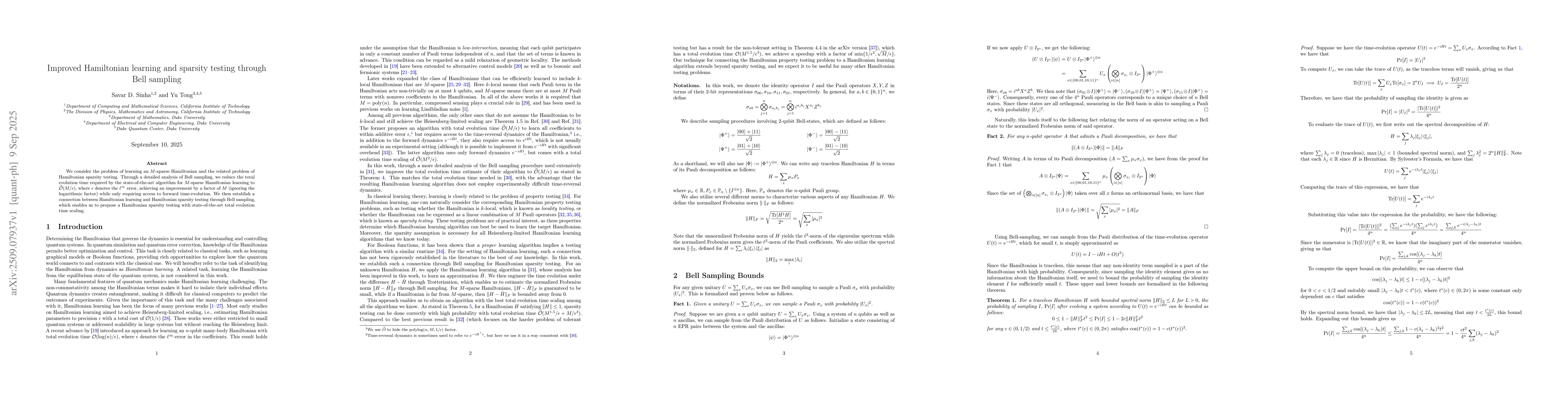 Thumbnail for Improved Hamiltonian learning and sparsity testing through Bell sampling
